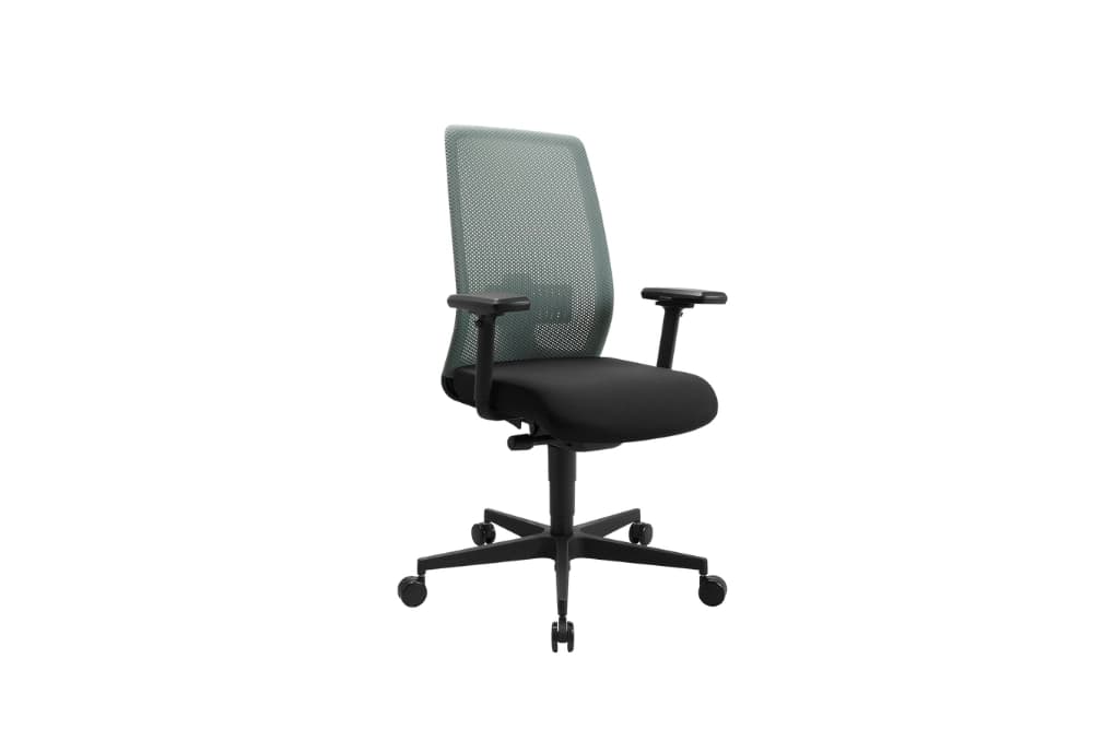 Büromöbel, Bürostuhl, Bürodrehstuhl Enso, Bürostuhl Netzrücken, Netzrücken in graugrün, Universalrollen, Armlehnen