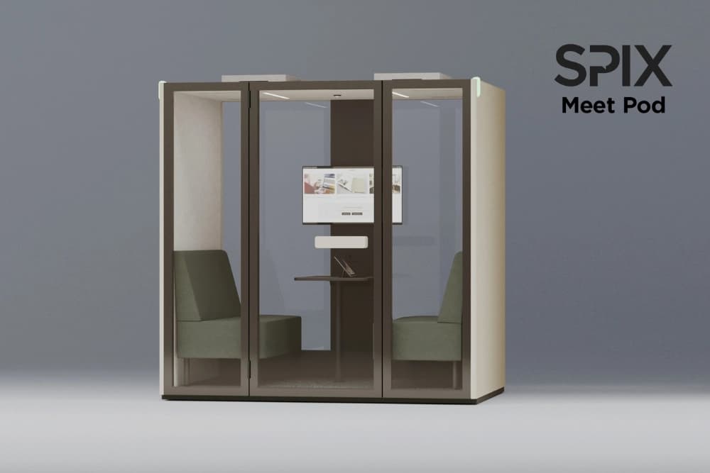 Büro Möbel, Besprechungscube in beige, Sitzmöbel in in grün, Sitzflächen in grün, Besprechungsraum in beige, Glastüren, Büromöbel